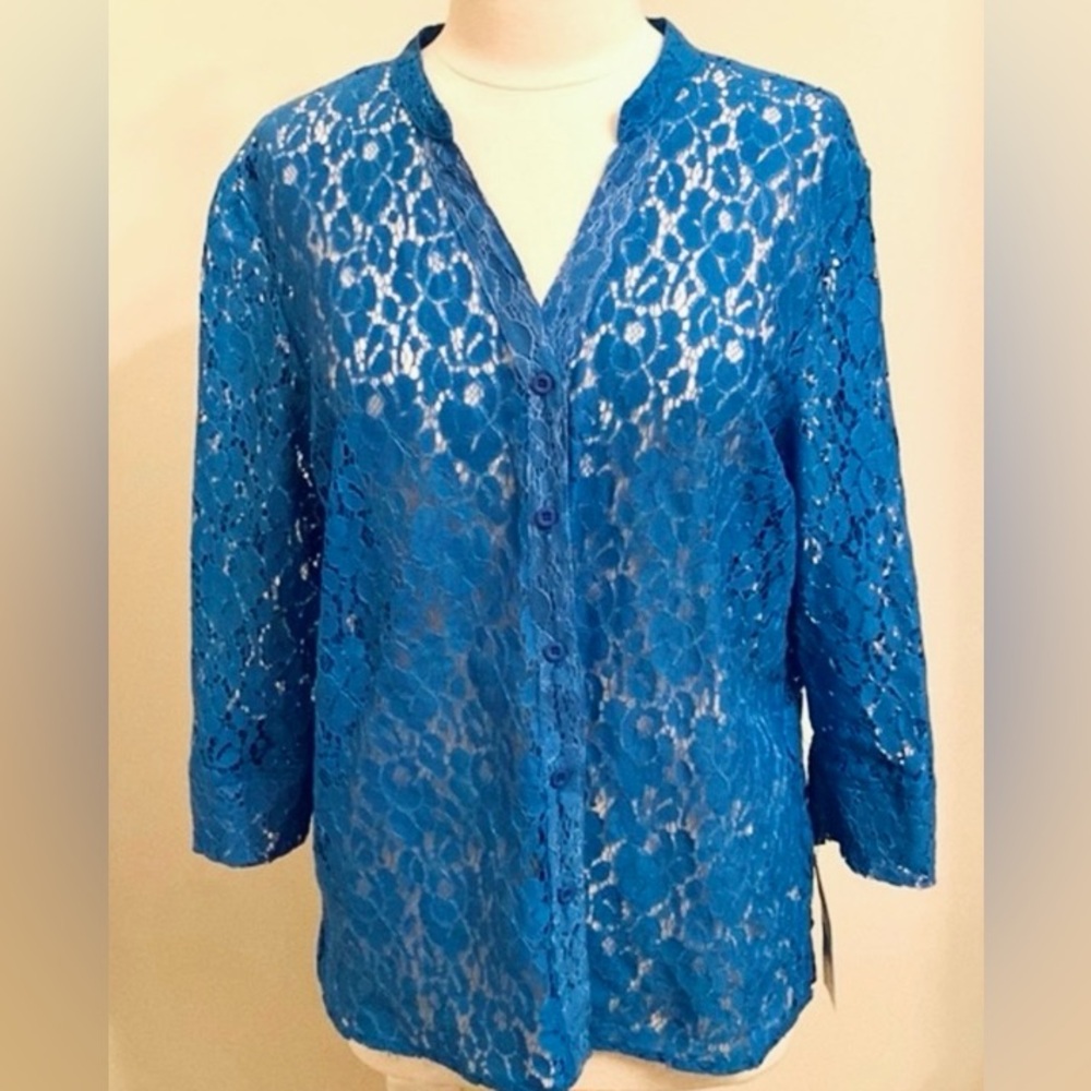 Elementz Royal Blue Lace Floral SZ XL Coquette Romantic Boho Chic Dressy Top